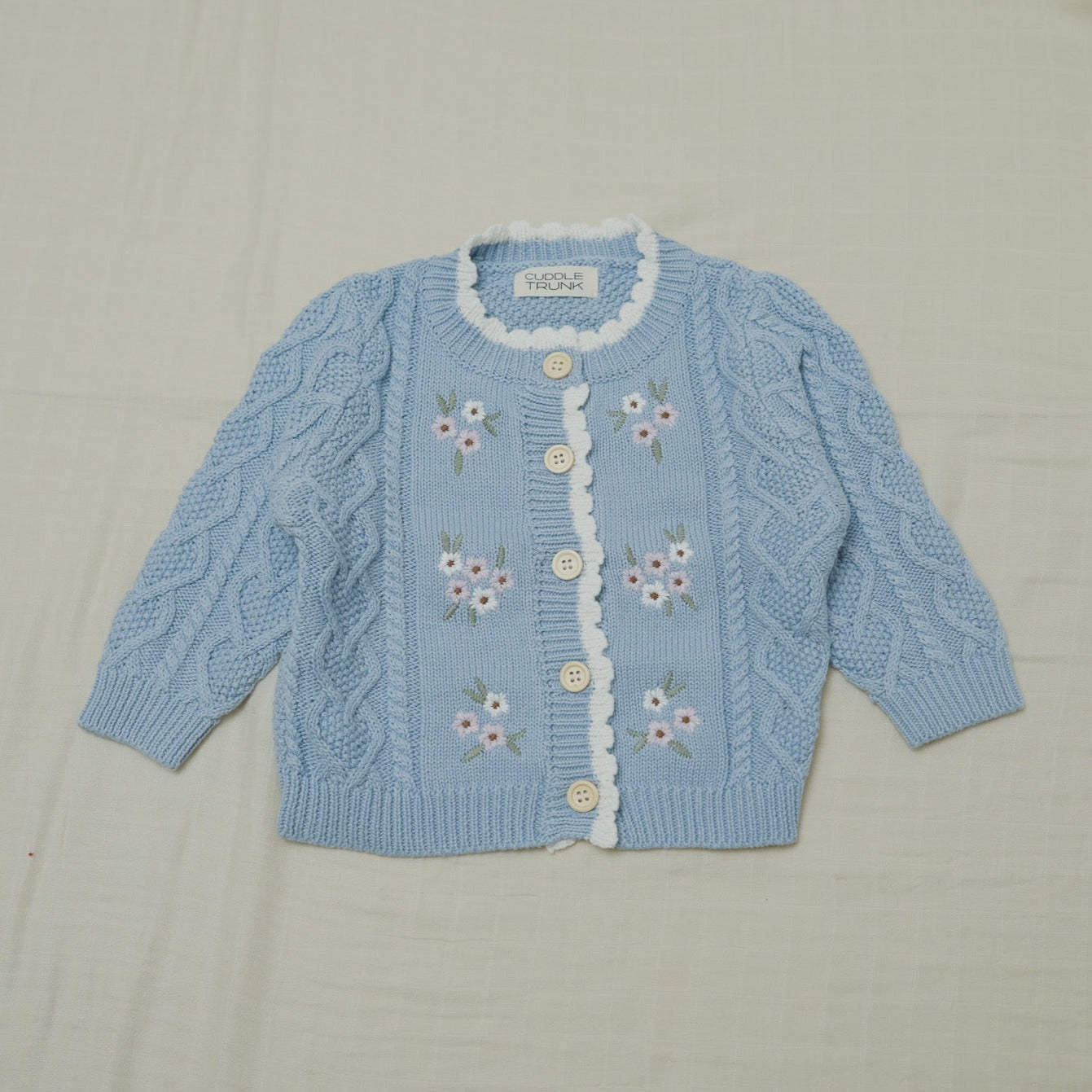 Flower Embroidered Cardigan - Blue