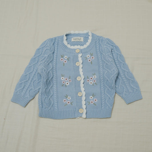 Flower Embroidered Cardigan - Blue