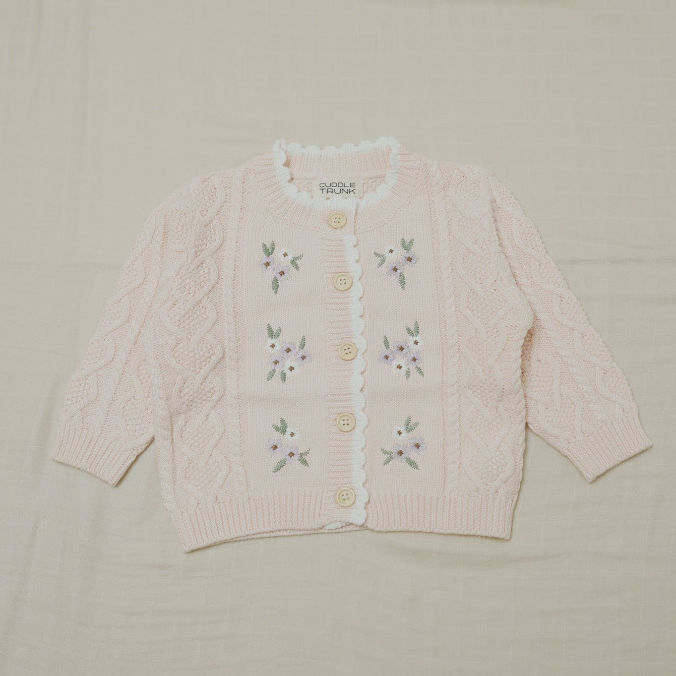 Flower Embroidered Cardigan - Soft Pink