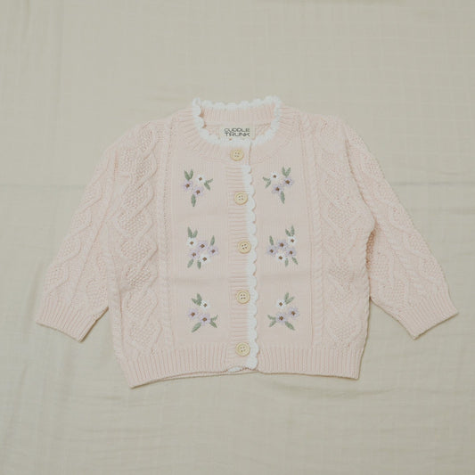 Flower Embroidered Cardigan - Soft Pink